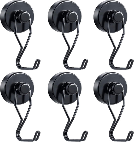 Tohoer Magnetic Hooks, 100 lb Heavy Duty Neodymium Magnet Hook with Rust Proof for Indoor Outdoor Hanging,Refrigerator,Grill,Kitchen,Key Holder,Black (Black, 6PACK)